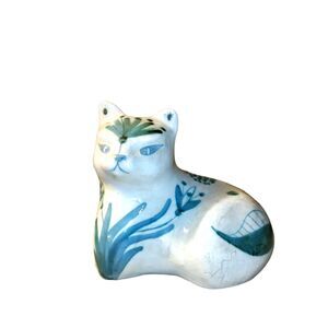 MCM David Rye Sharp Pottery Handpainted Ceramic Cat Florals SIGNED 1970s